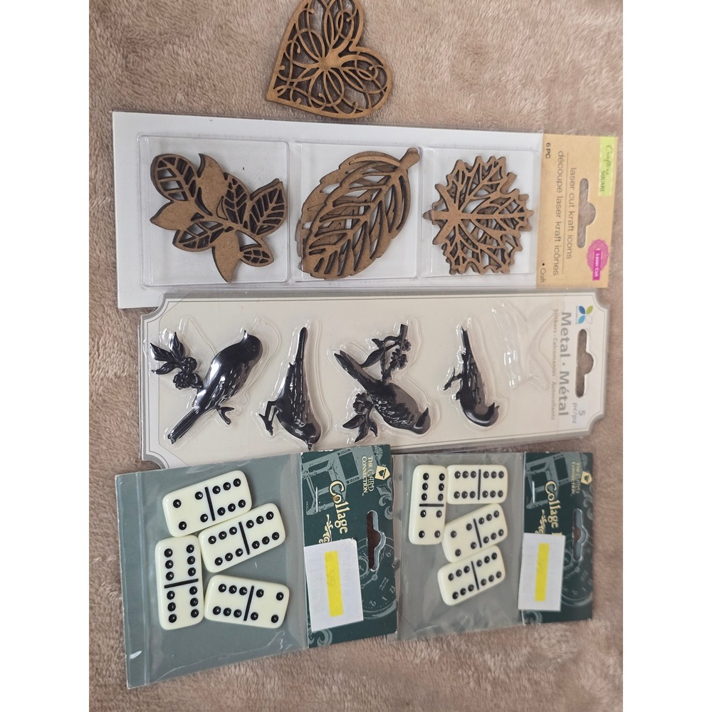 Mixed Craft Embellishment Lot Momenta Metal Birds Crafters Square Wood Dominoes